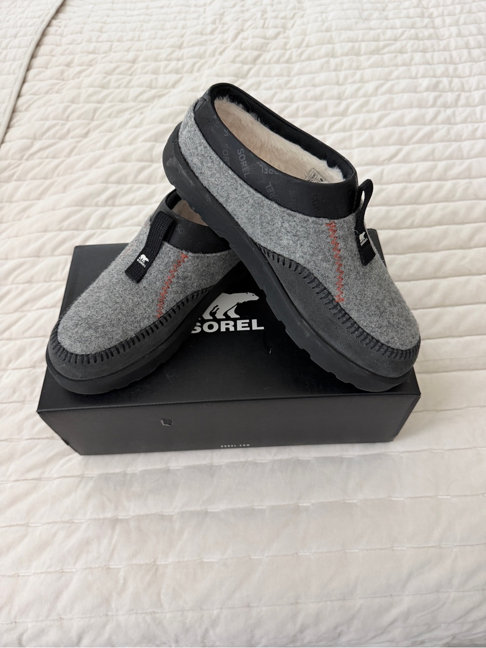 Sorel Women’s Gray Felt Mule Clogs with Black Sole